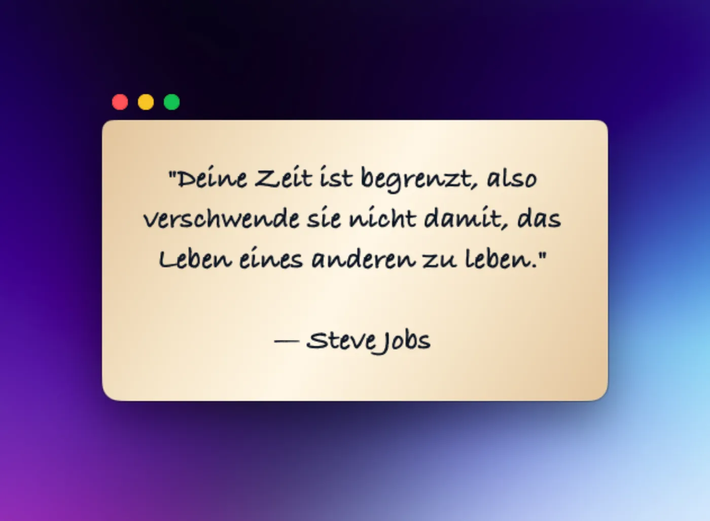 CoachMe — Motivationskarte mit Steve-Jobs-Zitat schwebt auf dem Schreibtisch