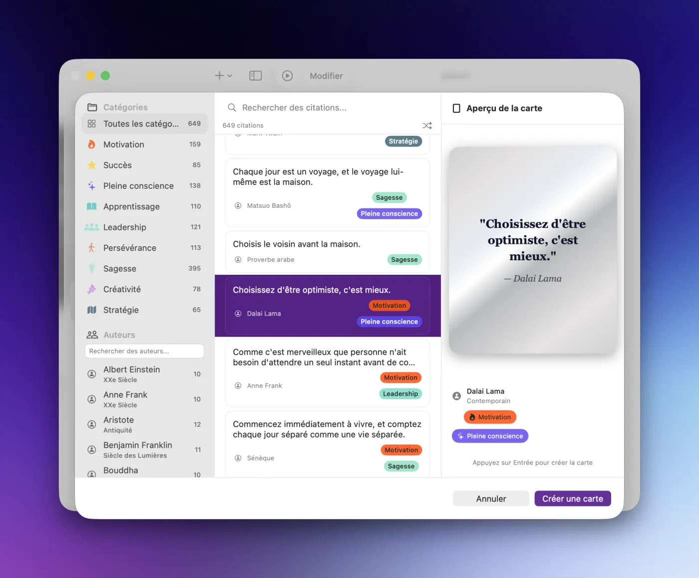 Bibliothèque de CoachMe avec 700+ citations sélectionnées