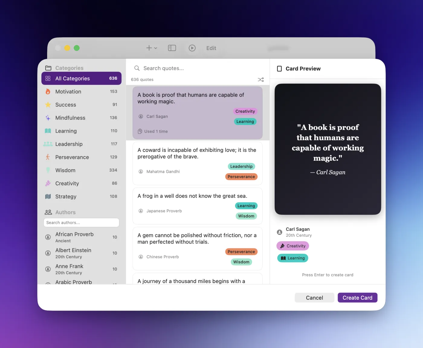 CoachMe quote library with 600+ curated quotes