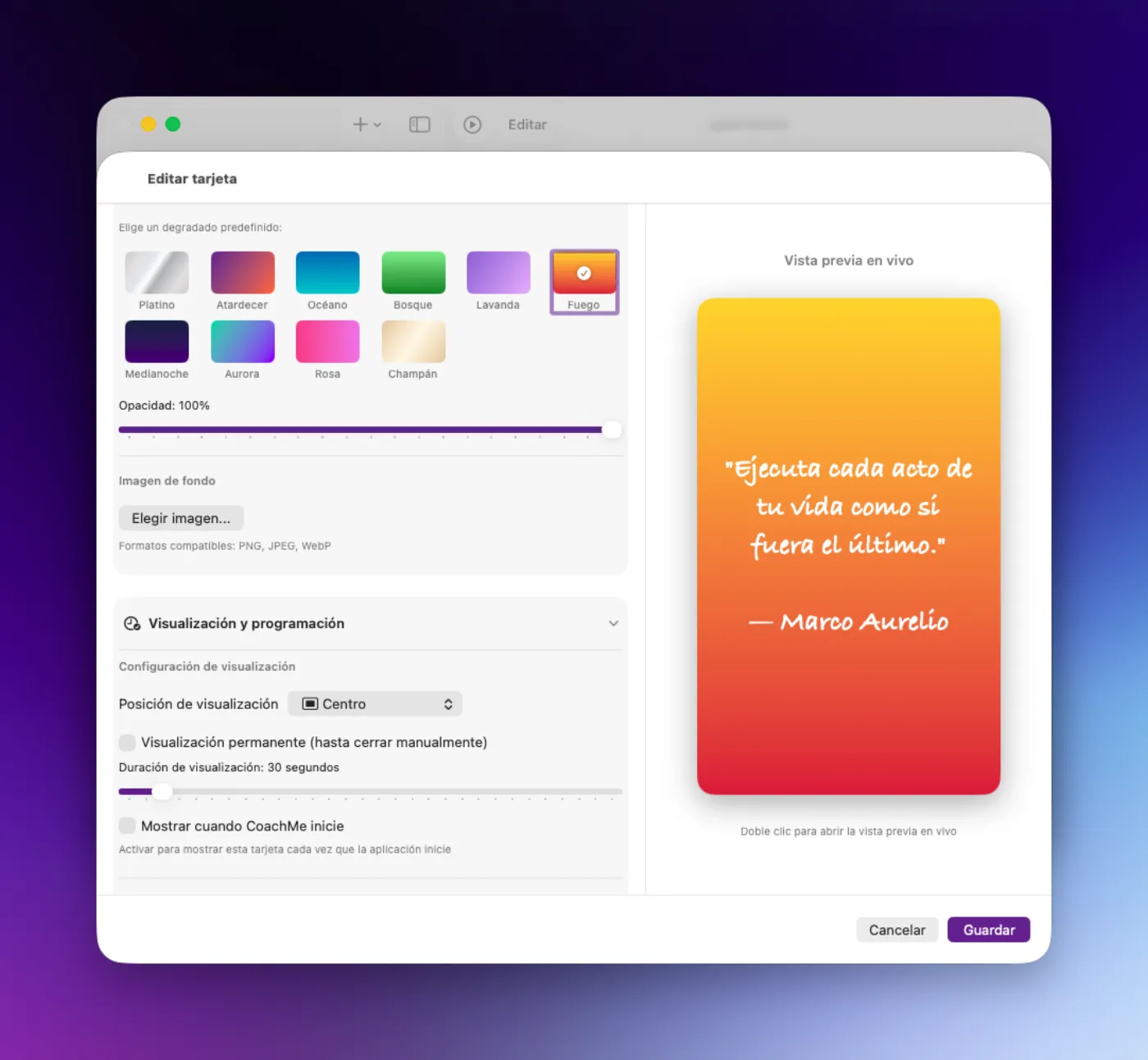 Selector de degradados de CoachMe para personalizar tarjetas