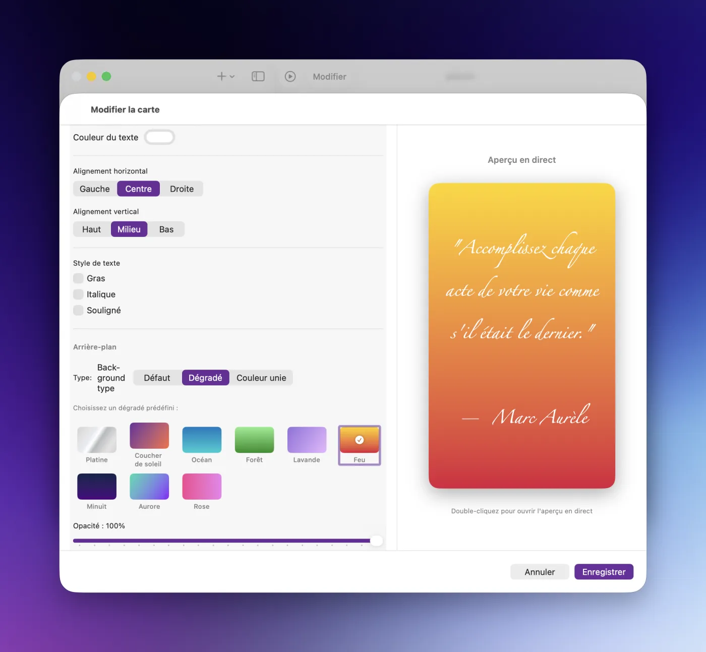 Sélecteur de dégradés de CoachMe pour la personnalisation des cartes