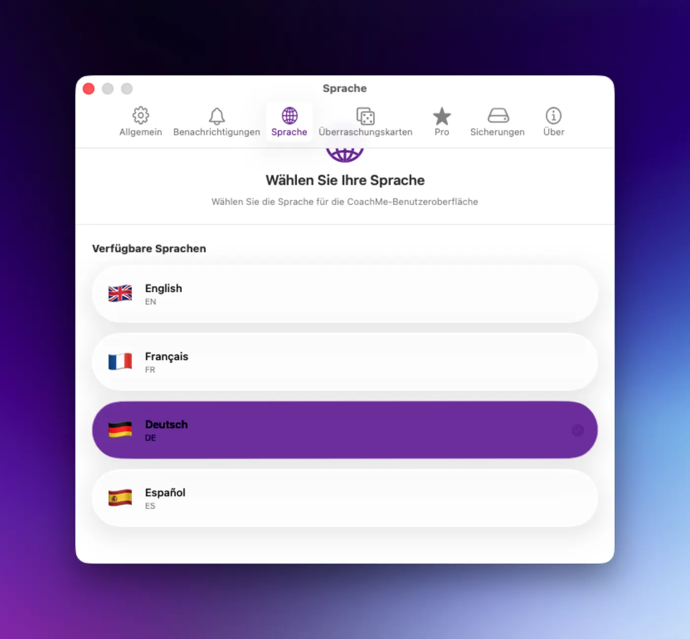 Sprachauswahl in CoachMe — EN, FR, DE, ES
