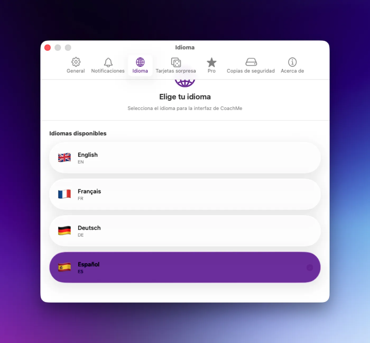 Selección de idioma en CoachMe — EN, FR, DE, ES