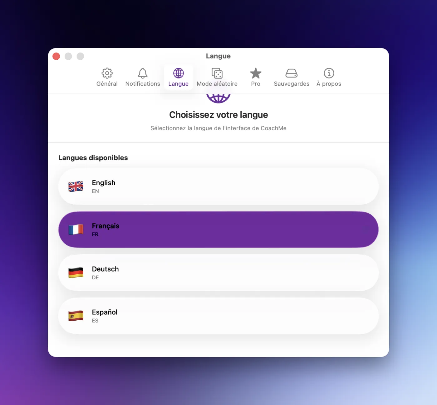 Sélection de langue dans CoachMe — EN, FR, DE, ES