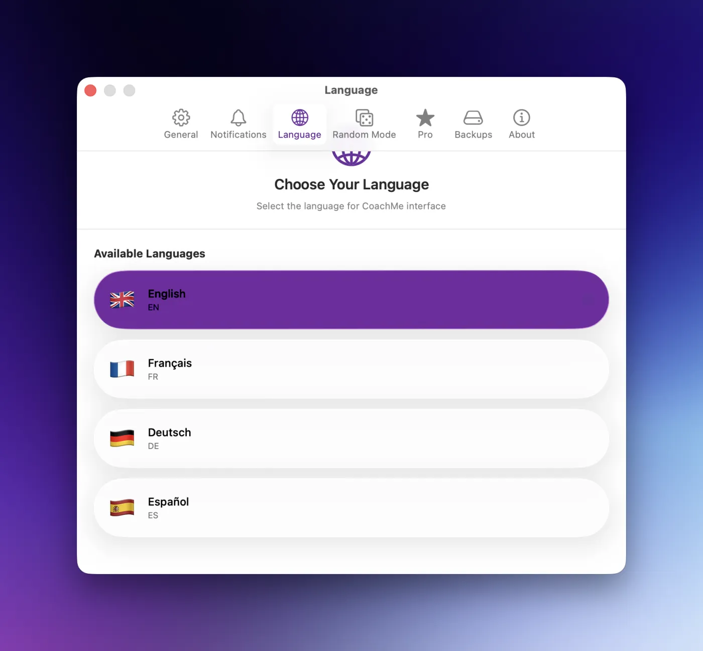 CoachMe language selection — EN, FR, DE, ES