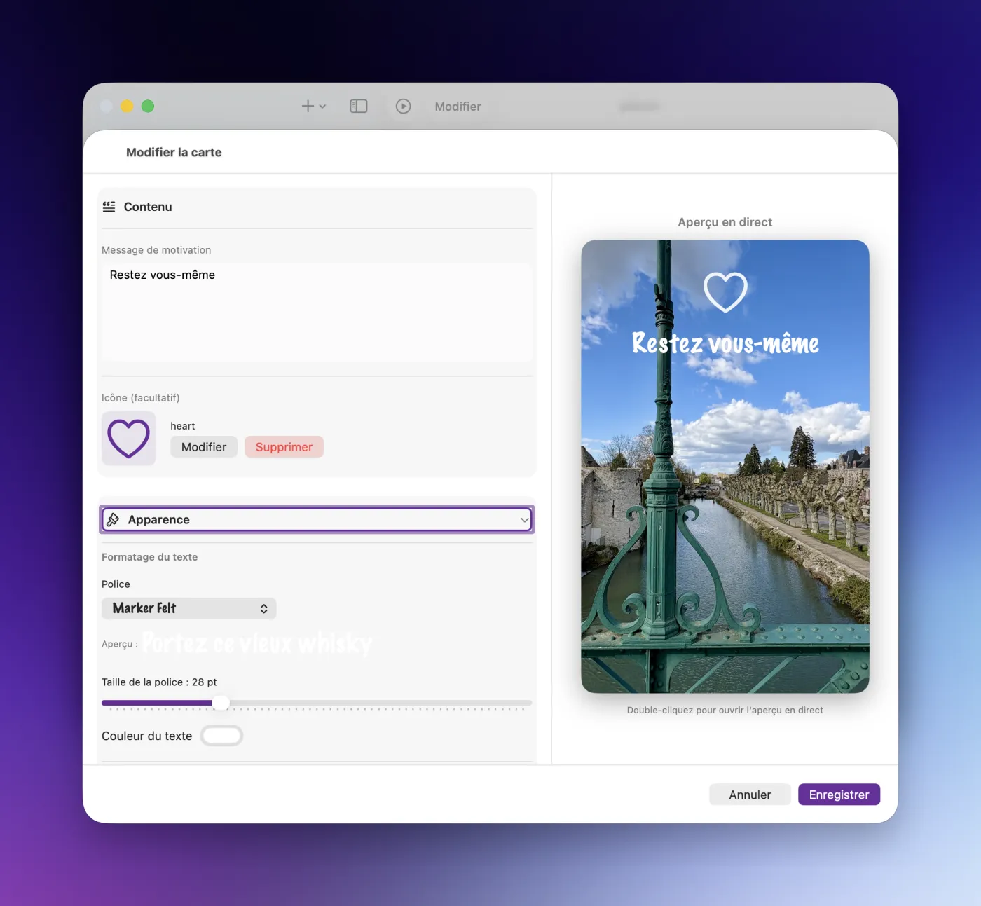 Options de personnalisation des cartes dans CoachMe