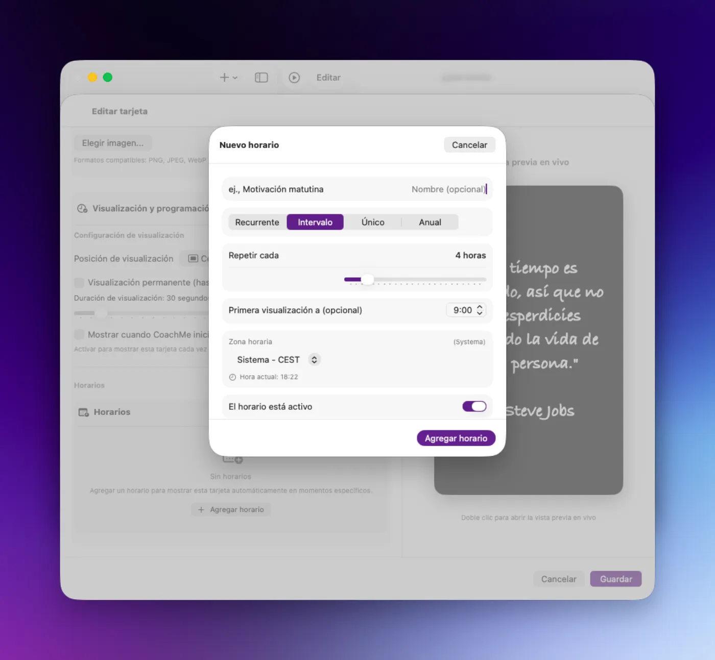 Interfaz de configuración de planificación en CoachMe