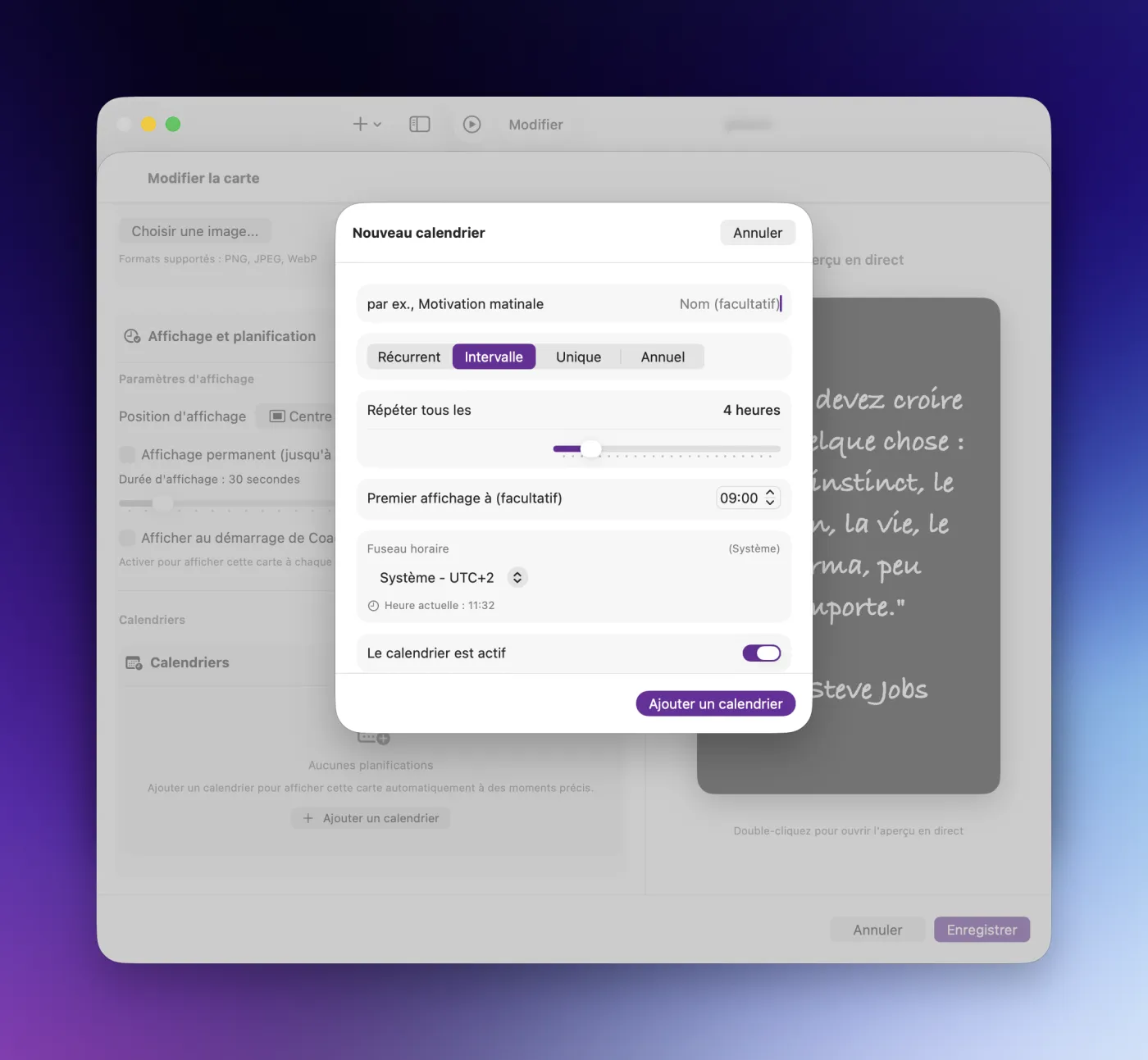 Interface de configuration de la planification dans CoachMe