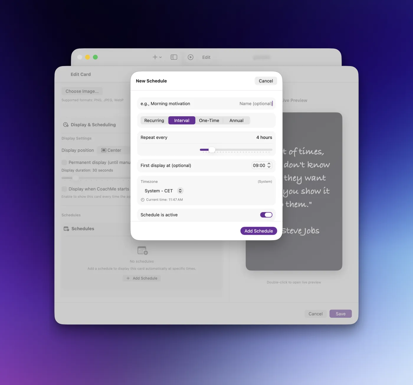CoachMe scheduling configuration interface