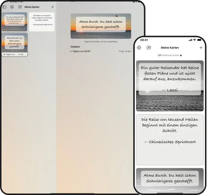 Dieselben CoachMe-Karten auf iPad und iPhone, synchronisiert über iCloud
