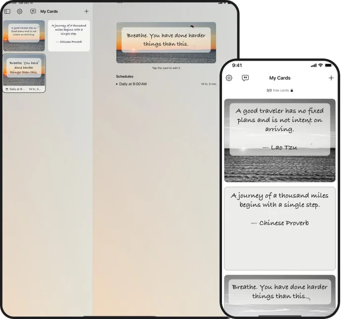 The same CoachMe cards on iPad and iPhone, synced through iCloud