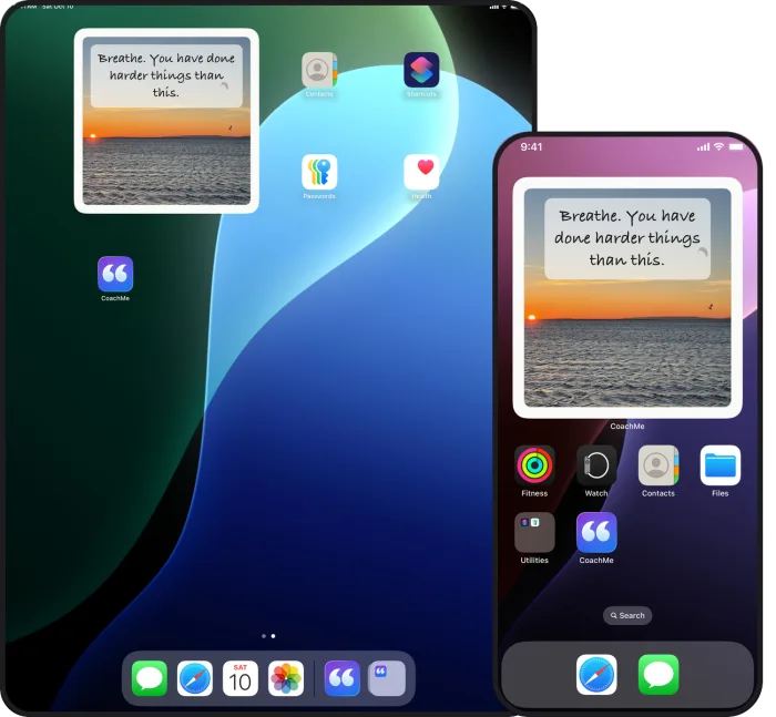 CoachMe widgets on the iPad and iPhone home screens