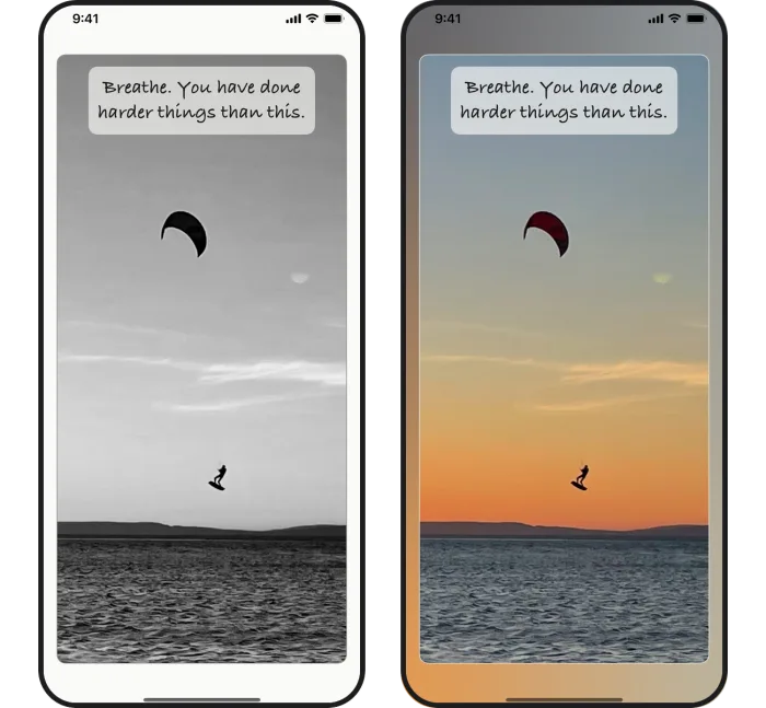 The same CoachMe card in black and white, then with Holi color mode