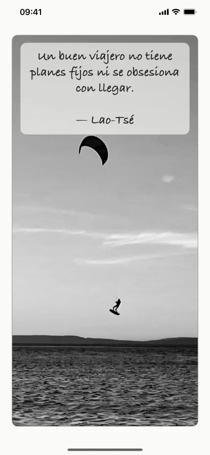 CoachMe en iPhone — una tarjeta de Lao Tse en blanco y negro sobre una foto