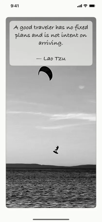 CoachMe on iPhone — a Lao Tzu card in black and white over a photo